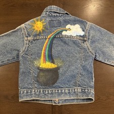 Vtg Little LEVI's Trucker Denim Jean Jacket Kids Sz 5 Orange Tab Hand Painted