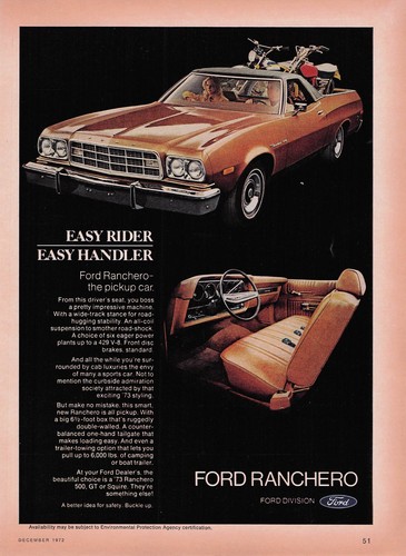 1973 Ford Ranchero Vintage Print Ad Easy Rider Easy Handler Pickup Car decor art
