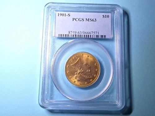 1901-S $10 LIBERTY HEAD GOLD EAGLE COIN MS63 HEAD IS NOT STRAIGHT IN COIN CASING