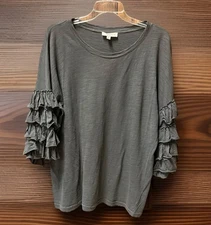 Umgee Layered Ruffle Flutter Sleeve Peasant Top Sz XL Gray Soft Cotton Boho