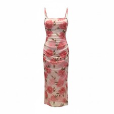 SHEIN floral romantic rose print bodycon pleated waistline maxi dress L