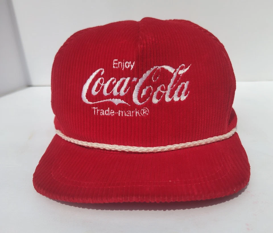 Made In Usa Vintage 80s Coca Cola Corduroy Rope Hat Snapback Red Coke - Image 1 of 4