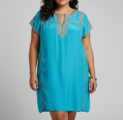 Calypso St Barth Dress 100% SILK Tunic Embroidered Turquoise Boho Beach Resort L