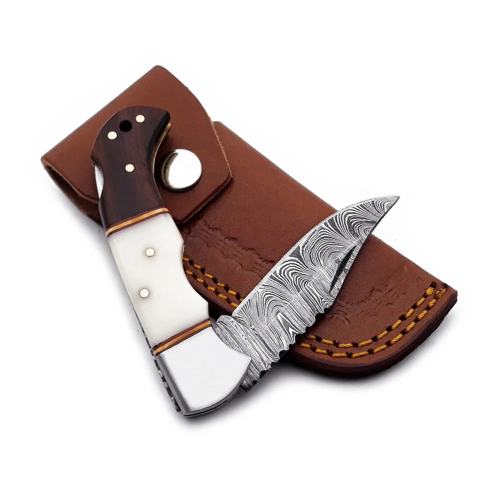 Cuchillo de bolsillo plegable con bloqueo trasero hecho a mano Damasco camping caza cuchillo bolsa Foto 3 de 4
