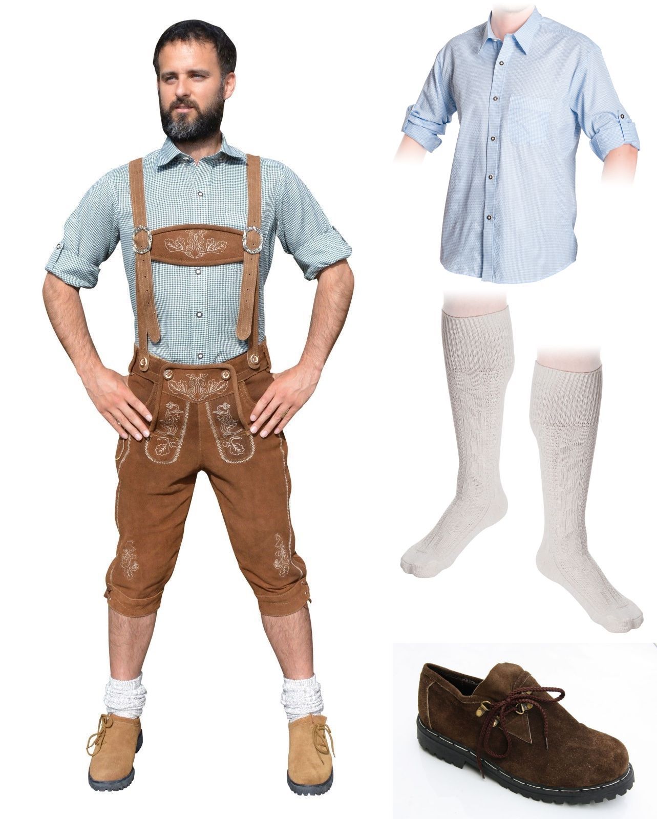 Trachten-Set Für Jungen - Lederhose Mit Trägern + Karo-Hemd + Socken