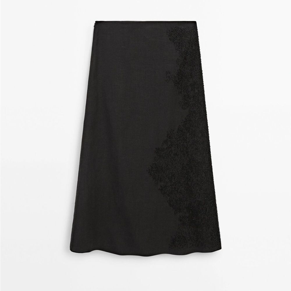 NWT Massimo Dutti Black Linen Blend Skirt With Embroidery Beads Size Small thumbnail 12