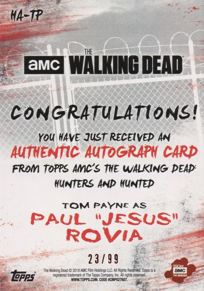 The Walking Dead Hunters & Hunted, Tom Payne (Jesus) Autograph Card HA-TP #23/99 - Image 2 of 2