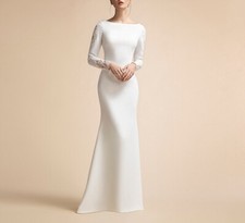 Simple Muslim Mermaid Wedding Dresses Scoop Satin Long Sleeve Bridal Gown Train