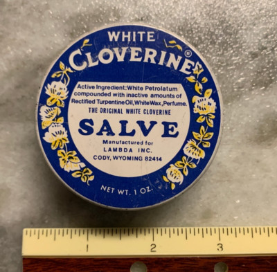 Vintage White Cloverine Salve Tin Empty No Contents By Lambda Inc. Cody WY