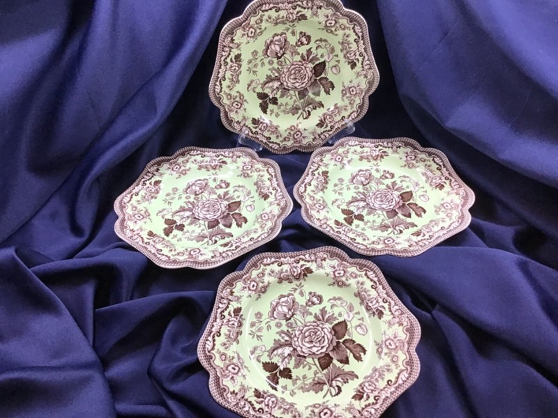 SPODE ARCHIVE fancy square BRITISH FLOWER ROSA PLATES mint brown NEW set of 4!