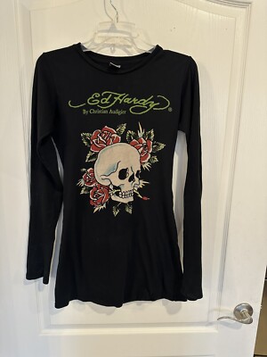 ED HARDY vintage Black SKULL ROSE Long Sleeve T-Shirt Tunic size
