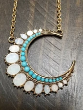 Crescent Moon LUNA Necklace Turquoise Gold 24" Reversible Celestial Filigree NEW