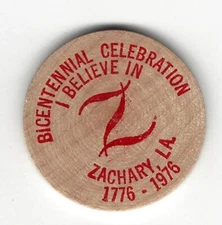 1976, Zachary, Lousiana, US Bicentennial Celebration, Flag, Wooden Nickel Token