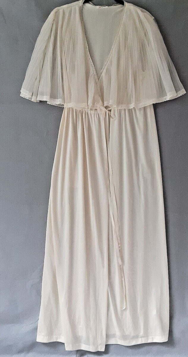 Vtg Ivory Nylon Robe Sz M Sheer Pleated Chiffon Capelet Dressing Gown Jolie  Two