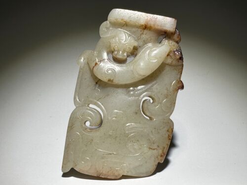 Delicate Han Dy Old Jade Carved Dragon Phoenix Design "Pei" Pendant L 6.8 cm