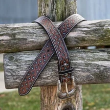 Western Tooled Leather Belt - Turquoise Dot Accents Removable Buckle