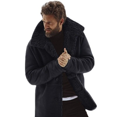 Men Lamb Fleece Jacket Winter Mid Length Suede Parker Thickened Warm Cotton Coat