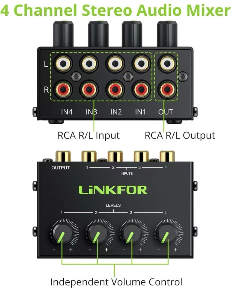 4 Channel Stereo Mini Audio Mixer Metal Shell Support RCA Input & Output Passive - Image 3 of 4