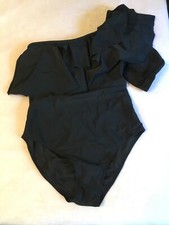 NWOT One Piece Women Swimsuit Large Ruffles One Shoulder Tummy Control Black