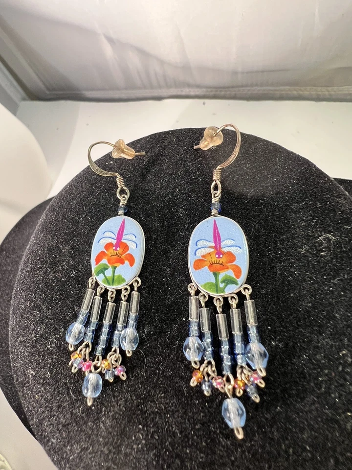 HERMOSOS ARETES PERFORADOS COLGANTES SEMILLA CUENTA BOHEMIA PINTADA FLOR LIBÉLULA Foto 2 de 4