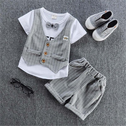 Ropa Verano Niños Ropa Conjuntos Moda Corbata Camisetas + Rayas Corto 2 piezas Traje - Imagen 3 de 39