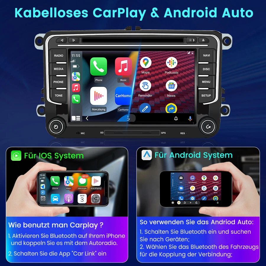 7“ Autoradio Android 14 4G+64GB DVD GPS Gyroskop Für VW Golf 5 6 Caddy EOS Jetta - Bild 4 von 4