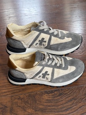 Premiata Women's 36 (US 6) Gray Beige Mesh Suede Low Top Sneakers Logo Lace Up
