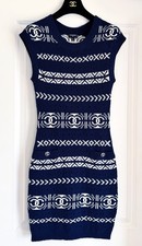 20P CHANEL NAVY BLUE ECRU KNIT SLEEVELESS CC BUTTONS MINI DRESS 34
