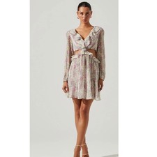 ASTR The Label Womens XL Marcy Floral Pleated Cutout Mini Dress Lilac Blue Multi