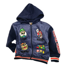 Super Mario Boys Hooded Varsity Jacket   Navy Zip-Up