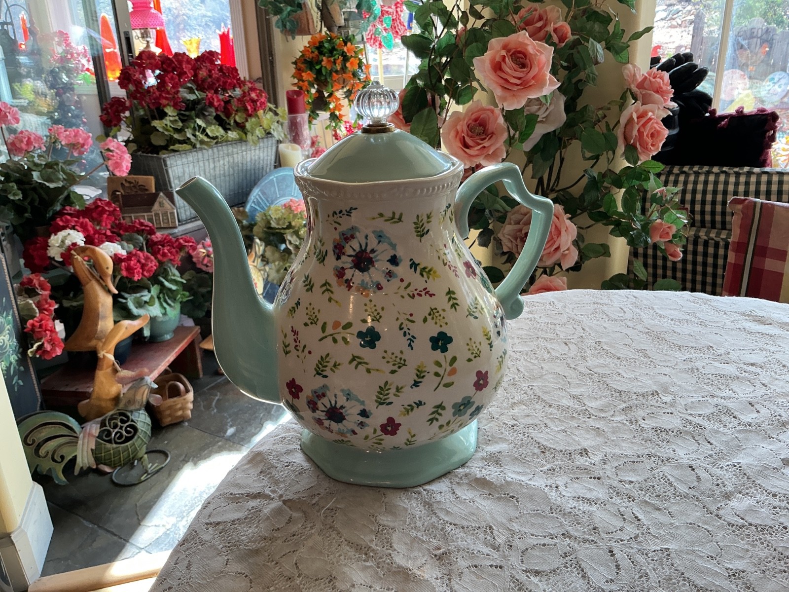 Pioneer Woman 2.7 Qt. Kari Mint Green Tea /Coffee Pot Floral&lrm; Design