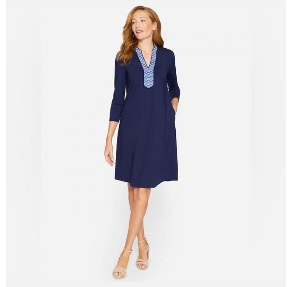 J. McLaughlin Carmine Catalina Cloth Dress Navy Blue V-Neck Resortwear Cruise M