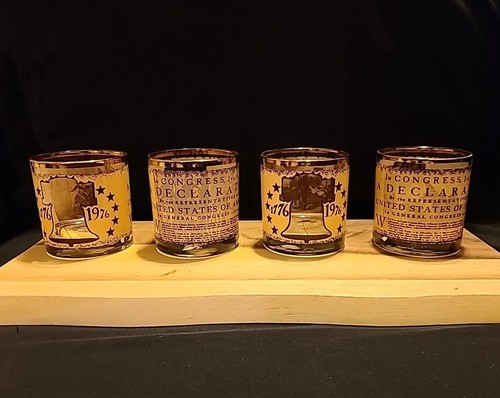 Vintage Bicentennial 1776-1976 Liberty Bell Whiskey Low Ball Glasses (Set Of 4)