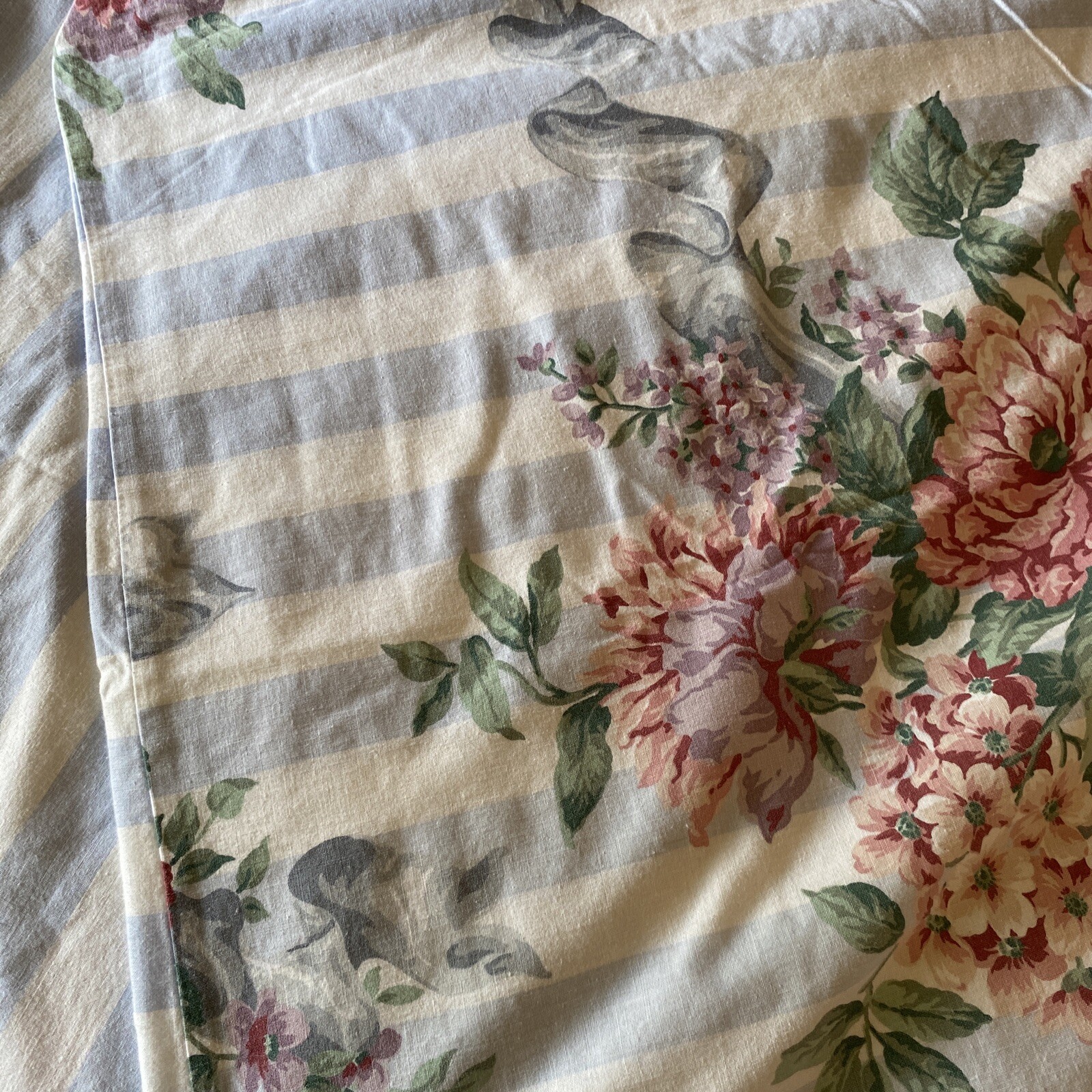 VTG Rare Ikea KING Duvet Cover Blue/White Stripe Floral Cotton UK Made