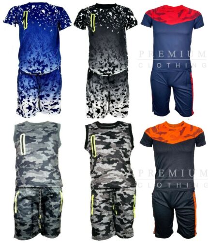 Boys Camouflage Army Camo Vest With Shorts Kids Tops Casual Cotton T Shirt Polo - Picture 1 of 16