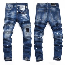 Men's Punk Ripped PU Patch Slim fit Jeans Retro Classic High Quality Blue Pants