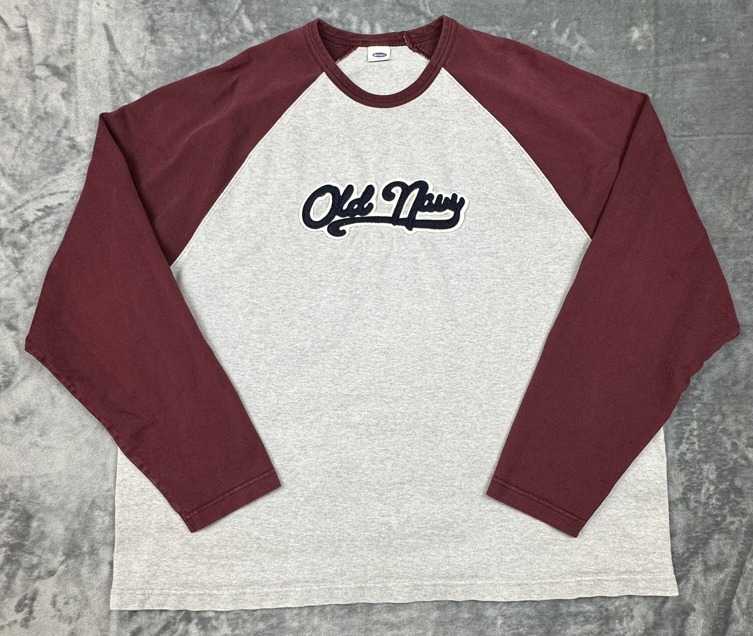 Vtg Y2K Old Navy T-Shirt Mens 2XL Gray Maroon Raglan Heavyweight Embroidered