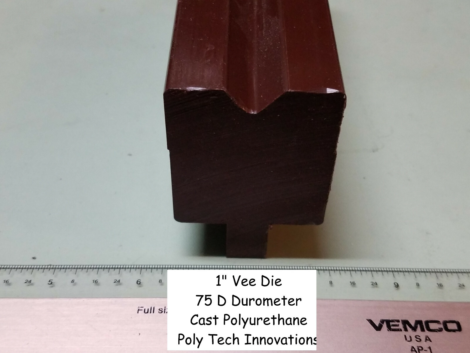 1" x 12" Long, Vee, 90 Degree, Polyurethane Press Brake Die, 75 D