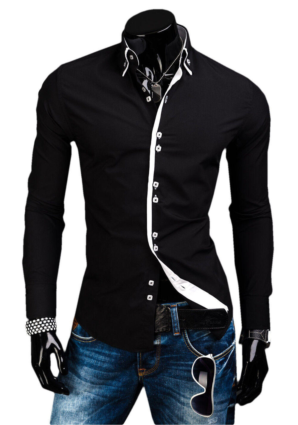 Stylish Mens Slim Fit Casual Double Collar Shirt Long Sleeve M L XL XXL ...