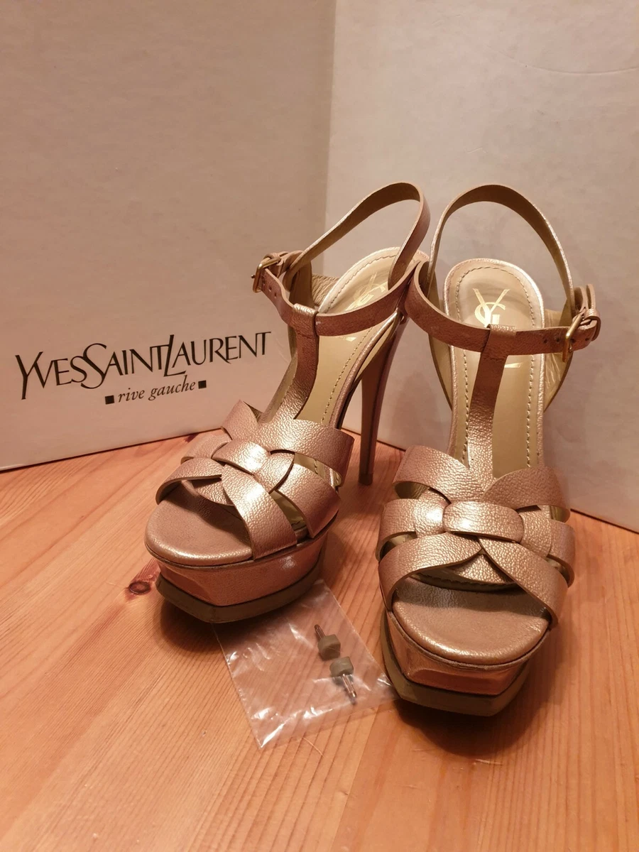 YSL Yves Saint Laurent Nude Gold Barny Patent Tribute Heels US7