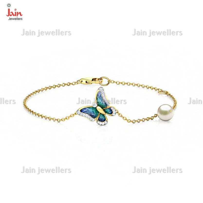 18 Kt, 22 Kt Real Solid Yellow Gold Chain Link Butterfly Pearl Bracelet Bangle - Image 2 of 3