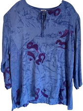 Tunic Blouse, Balinese Om Batik, 3/4 Sleeves, Women's XLarge, Purple, Rayon