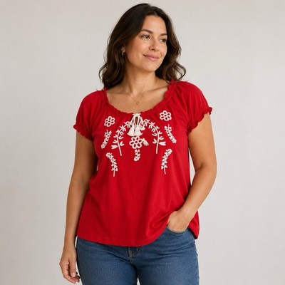 Grace Embroidered Red Floral Peasant Top Shirt XL Short Sleeve  100% Pima Cotton