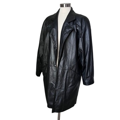Vtg Bechamel Black Genuine Leather Maxi Trench Coat FLAW Missing Button