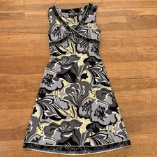 Tahari black yellow abstract sleeveless knee length a-line dress size 2 b36