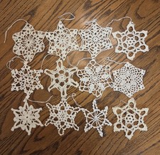 12 Lillian Vernon White Crochet Starched Snowflake Christmas Doily Ornaments 4"