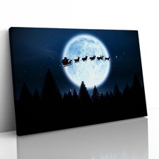 Santa Flying Night Sky Reindeer Christmas Canvas Framed Print Picture Wall Art
