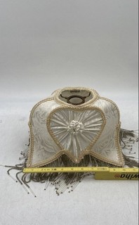 Vintage Dale Tiffany White Damask Silk & Glass Bead Fringe Trim Lamp Light Shade