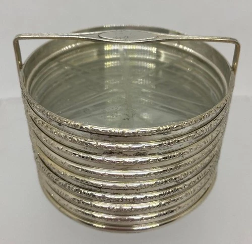 8 Lunt Sterling Cut Glass Coasters in Holder Vintage c1920