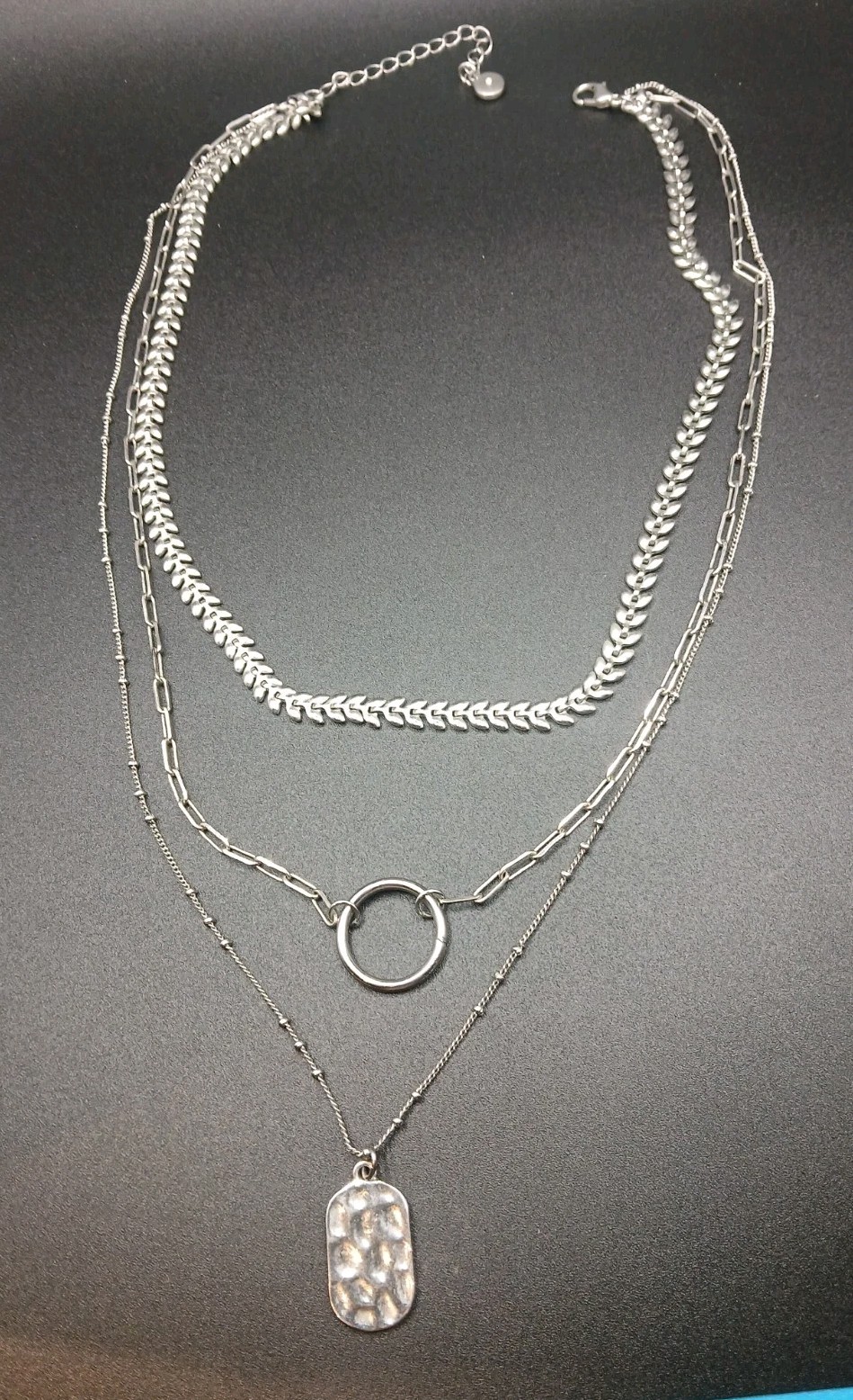 C1946 - 3 Strand Layered Stack Silvertone Necklace - image 3